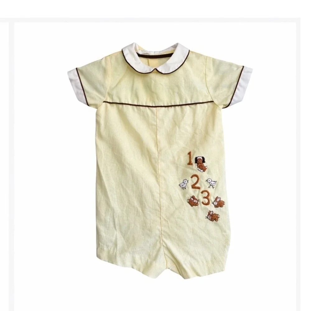 Vintage Yellow Seersucker Baby Romper Animal Embroidery Peter‎ Pan Collar 1/2